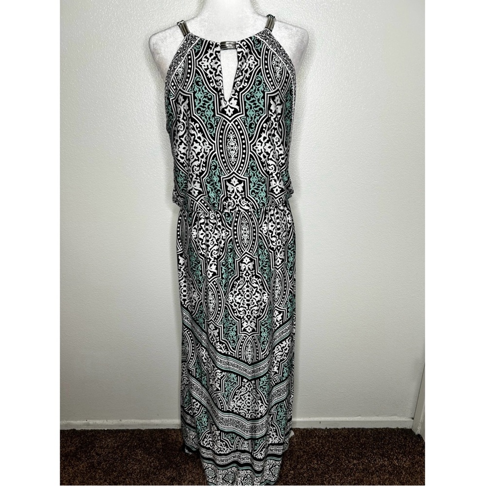 White House Black Market Teal Patterned Keyhole Sleeveless Maxi Dress Size M
